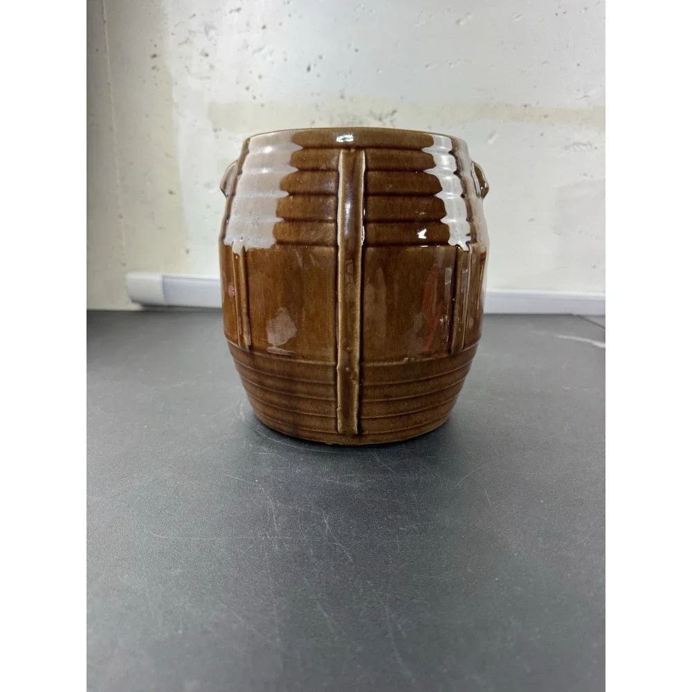 Vintage Ceramic Brown Barrel Cookie Jar Kitchen‎ Craft Storage no lid